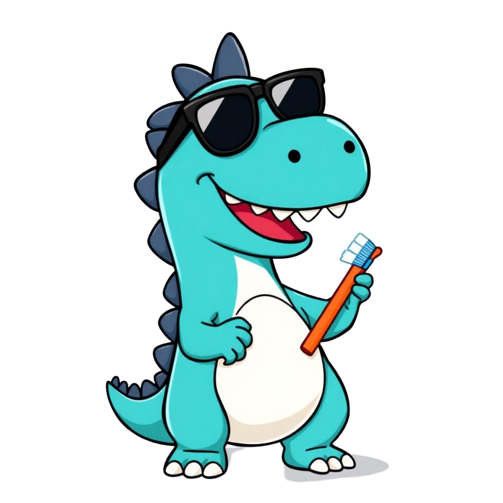 Tino, der freundliche Dino-Maskottchen vom Dentino Club mit Zahnbürste